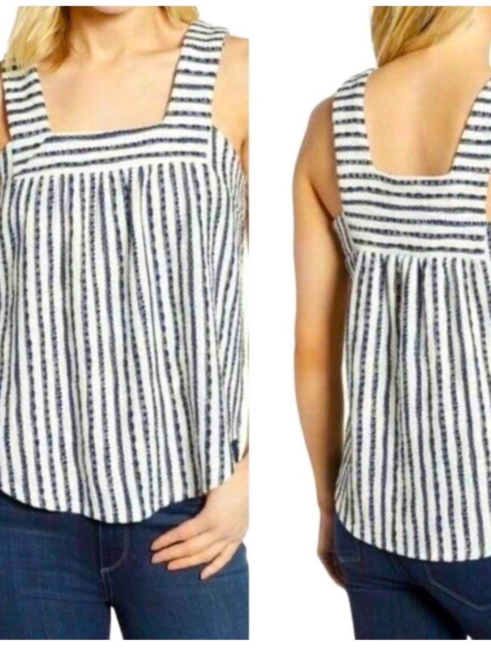 Lucky Brand Navy Blue White Striped Square Neck Wide Strips Textured Sp